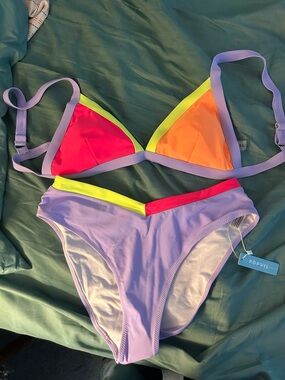 POPVIL Lilac Colorblock Triangle Bikini Set - Neon Pink & Orange Accents